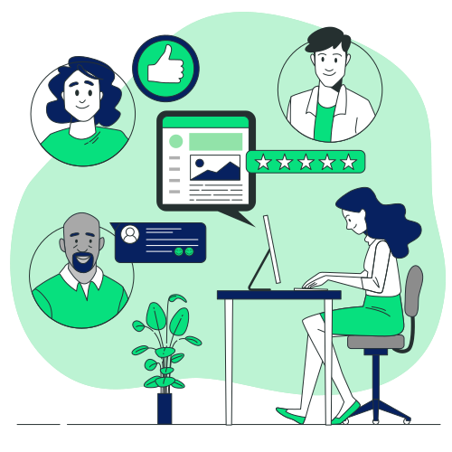 A group of individuals focused on laptops and computers, surrounded by green icons representing technology and collaboration.