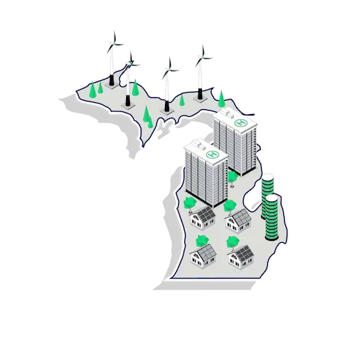 State map with hospitals, homes, and wind turbines