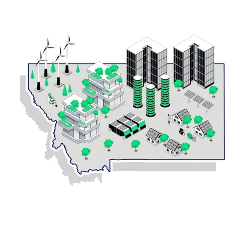 Map of Colorado with green buildings, homes, wind turbines, and battery storage.